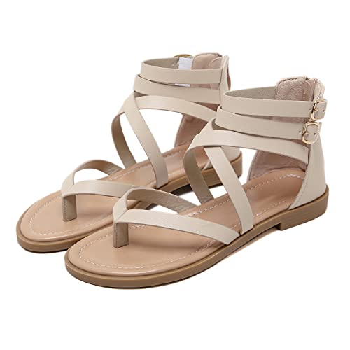 Shibever Women's Gladiator Sandals Summer Flat Thong Cross Strappy Sandals Trendy Roman Shoes With Zipper Apricot 8 #TOP3