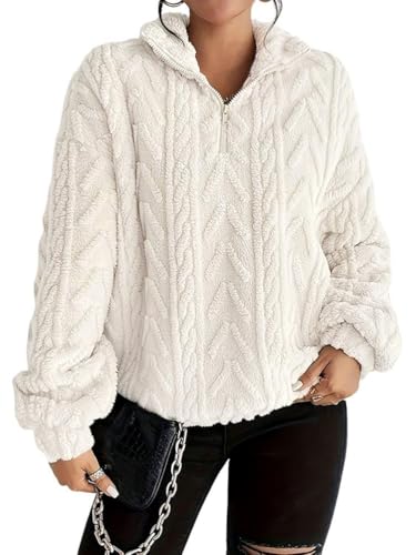 Generisch Sudadera de forro polar para mujer, con media cremallera, cuello alto, mullida, manga larga, forro polar, forro polar, jersey de invierno de peluche, parte superior, A blanco., XL