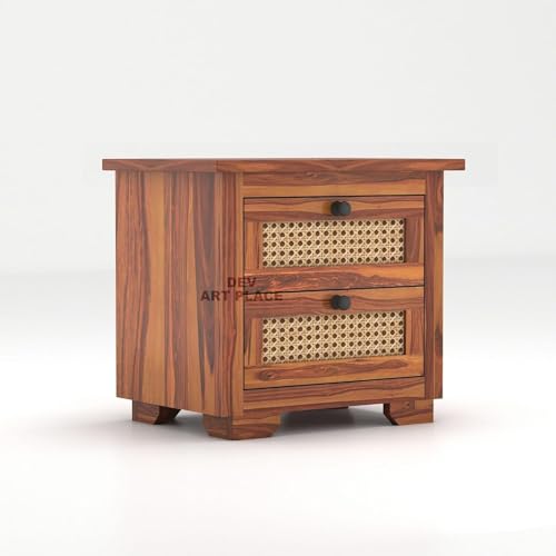 Image of Solid Sheesham Wood Bedside Table for Bedroom | Handmade Pure Wooden Bed Side Nightstand End Table with 2 Drawers Storage for Home & Bed Room | Rosewood, Honey Finish