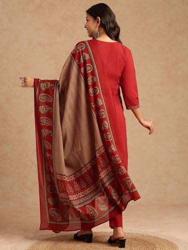 Image of Vbuyz Women Ajrakh With Yoke design Cotton Straight Kurta Set With Dupatta