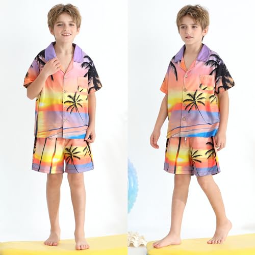 Image of Weixinbuy Boys Summer Outfits Short Sleeve Hawaiian Shirt and Shorts Vacation Set for Kids Summer Clothes Set