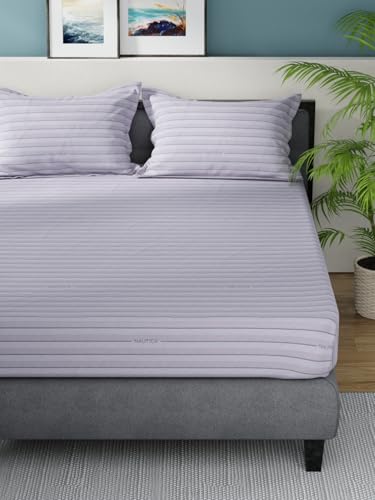Image of NAUTICA Super Soft 100% Cotton King Bedsheet with 2 Pillow Covers -3pc Set (Bradford) | 160TC | Super Soft Touch Stripe-Grey /Blue