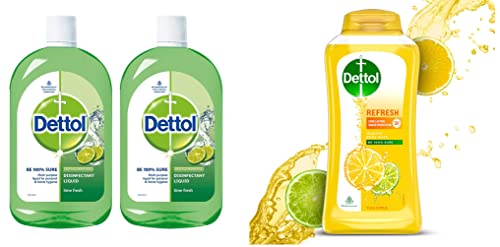 Image of Dettol Liquid Disinfectant for Floor Cleaner (Lime Fresh, 500ml, Pack of 2) & Body Wash and Shower Gel, Refresh - 250ml | Soap-Free Bodywash