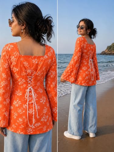 Image of SONISHA Women's Rayon Floral Print Short Kurti for Women Elegance Square Neck, Long Sleeves with Style Criss Cross Back Kurti, Top for Office Wear, Casual, Outdoor
