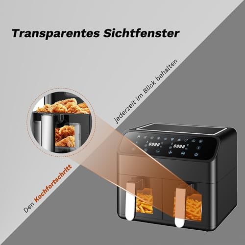 Sinaopus heißluftfritteuse XXL Airfryer 9L Air fryer mit Digitalem LED-Touchscreen heissluftfriteuse 2000 Watt 10 Programmen Einstellbare Temperaturregelung Sichtbares Sichtfenster – Bild 7