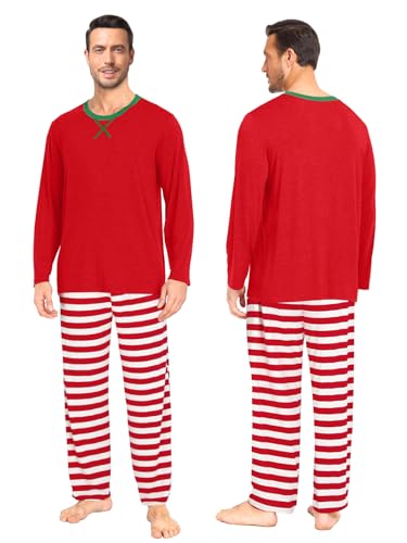 Matching Couple Pajama Set Winter Christmas Modal Sleepwear with Pockets Loungewear Set Red & Green Stripe 2XL3