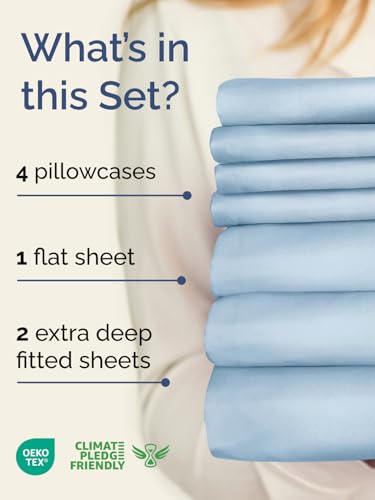 Image of Extra Deep Split King Sheet Set - 7 Piece Breathable and Cooling Sheets - Hotel Luxury Bedding for Women, Men, Kids & Teens - Easy & Secure Fit - Soft and Wrinkle Free - Extra Deep Pockets - Sky Blue
