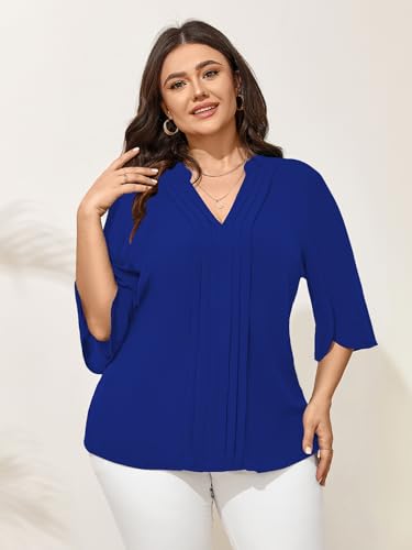 SCOMCHIC Women's Plus Size Blouses 3/4 Sleeve Dressy Tunic Tops Casual Loose V Neck Pleated Shirts2
