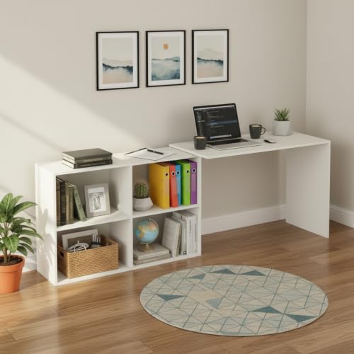 Image of FURNEASER Maggen Engineered Wood Rotatable Study Table, L-Shaped Corner Computer Desk, Laptop Workstation for Home Office, WFH Desk, Gaming Space Saving Rotating Table with Bookcase (White)