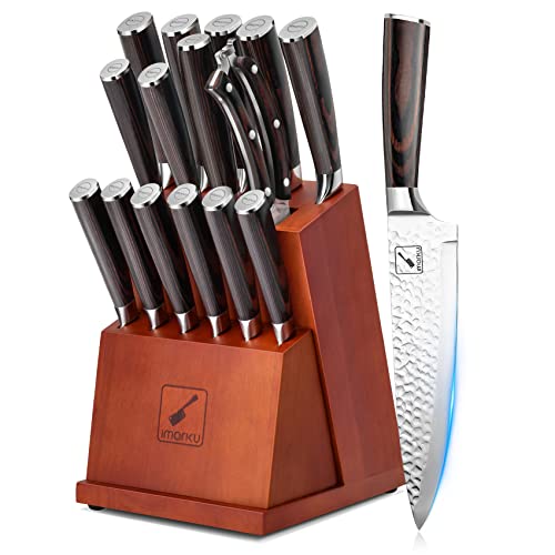 Flash Deals - 50% OFF Japanese Knife Set, imarku 16-Pieces Hammered Kitchen Knife Set with Block, German HC Stainless Steel Knives Set for Kitchen, Premium Pakkawood Handles Knife Block Set