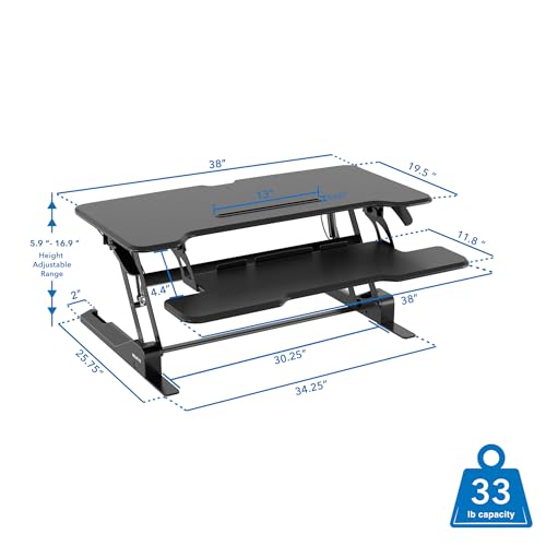 Image of Mount-It! 38 Inch Standing Desk Converter - Gas Spring Sit Stand Desk Riser for Dual Monitors - Height Adjustable Desktop Workstation with Keyboard Tray - Black