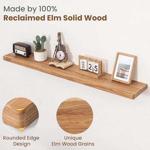 Image of Floating Shelves for Wall, 48 inchWx8 inchD Rustic Solid Elm Wood Floating Shelves Wall Mounted, Round Edge Wall Shelves with Invisible Bracket for Living Room Bathroom Bedroom Kitchen, Set of 1, Natural