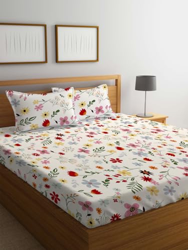 LOOMLYFE 300 TC Cotton Feel Glace Cotton Elastic Fitted Printed Queen Size Double Bed Bedsheet with 2 Pillow Covers Fits Upto 8 inches,Size- 60x78x10 Inches, RedPinkFlower