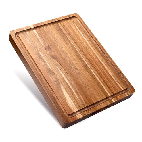 Tabla de cortar de madera de acacia WILLKOMMEN, 3.81 cm de grosor con ranura para jugos y compartimento para ordenar, 40.64x30.48x3.81 cm