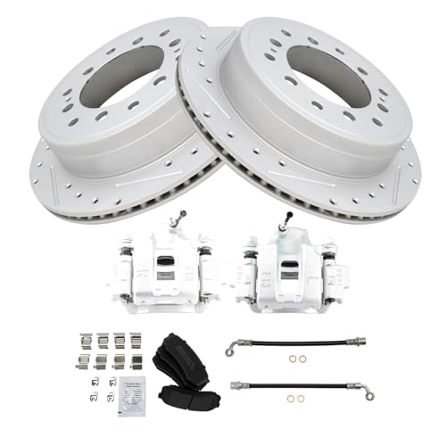 Image of TRQ Performance Rear Brake Pad and Rotor Set Semi Metallic Drilled Slotted Coated Rotors Calipers Compatible with 2010-2014 Toyota FJ Cruiser