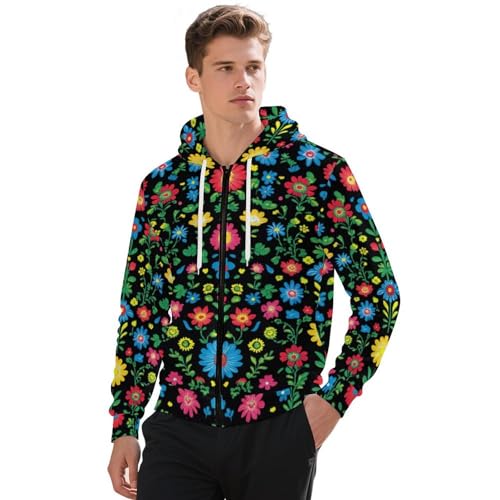 Polish Folk Art Floral Pattern Men's Hoodies with Zipper Lightweight Long Sleeve Casual Sweatshirts