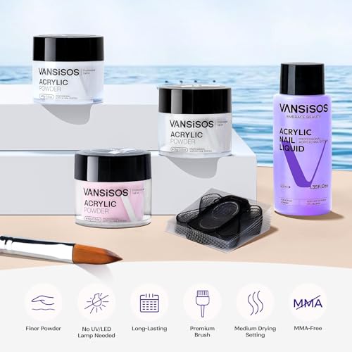 VANSISOS Acrylic Nail Kit for Beginners: Clear White Pink Powder and Liquid Set Professional Nails Kit Acrylic Set with Brushes for Home DIY
