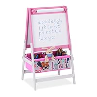 Relaxdays Standtafel Kinder, 2 in 1, Kindertafel mit Papierrolle & Körben, HBT 94 x 52 x 46,5 cm, Kreidetafel, rosa/weiß