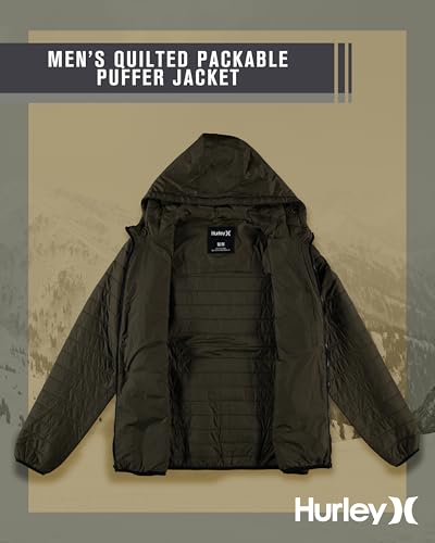 Image of Hurley Mens Puffer Jacket - Lightweight Packable Insulated Winter Coat for Men - Weather Resistant Quilted Outdoor Jacket