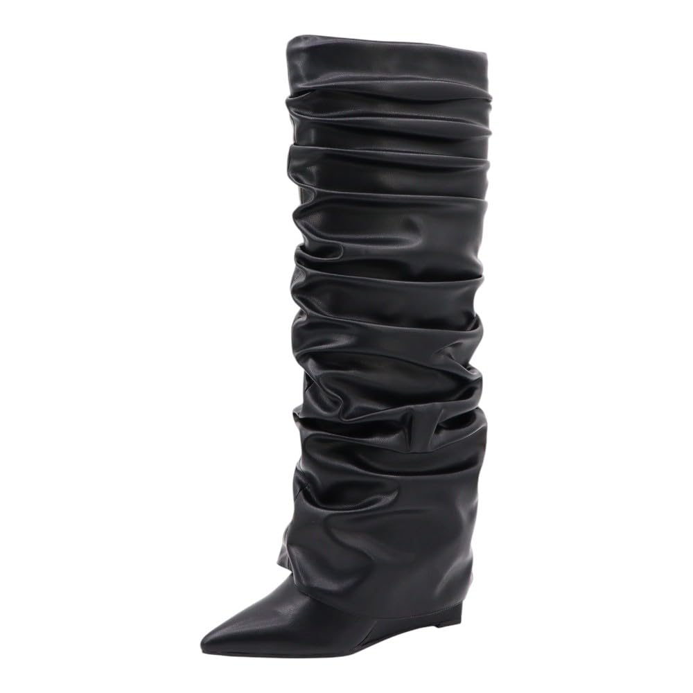 Womens Fold Over Wedge Heel Boots Slouchy Knee High Boots