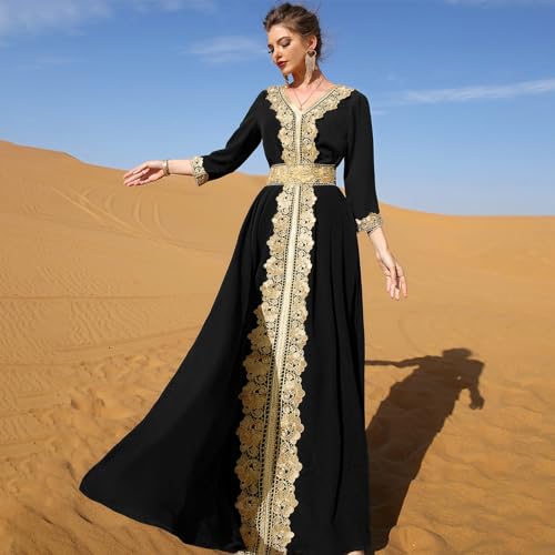 Image of IDOPIP Embroidery Abayas for Women Muslim Moroccan Floral Maxi Kaftan Dress Arabic Islamic Dubai Robe Ramadan Prayer Clothes