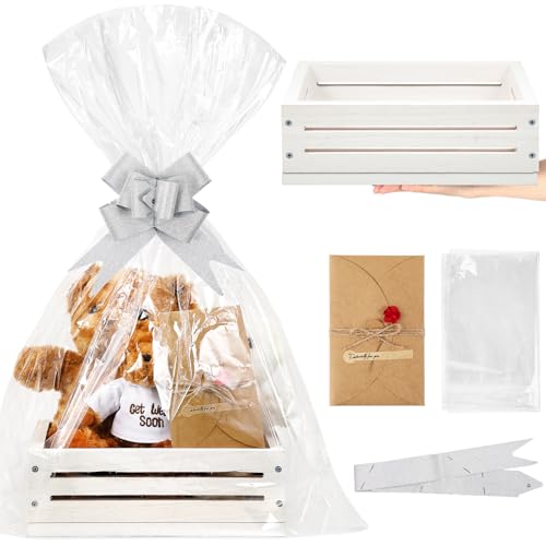 Image of Wonderjune Wooden Baskets for Back to School Gifts Empty Wood Basket with Cellophane Bag Ribbon Greeting Card for Birthday Baby Shower Wedding Housewarming Gifts Packaging(White,Small)