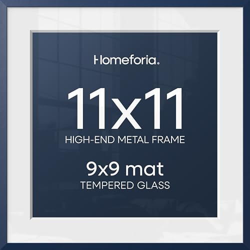 Image of Homeforia 11x11 Navy Blue Picture Frame, High End Metal 11 by 11 Square Frames with Mat 9 x 9 Photo, 11by11 Poster Frame Matted to 9x9 inch Art, Wall Hanging Frames, Tempered Glass, Wall Kit, Set of 2