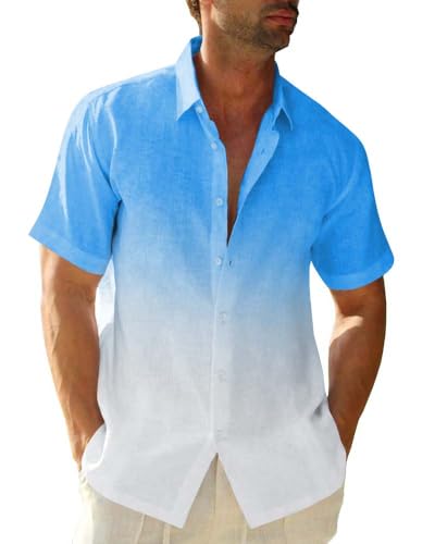 Camisas de lino para hombre, gradiente de color, camisa de manga corta, camiseta de verano, informal, con botones, camisa de playa, azul, M