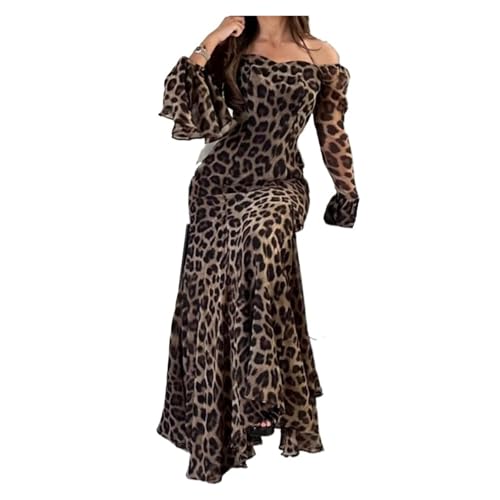 FGUJSUR Leopardenmuster Chiffon Damen Kleid Damen Sexy Aushöhlen Schulterfrei Abendkleid Lässig Flare Ärmel Schlank Lange Kleider FüR Damen(S)