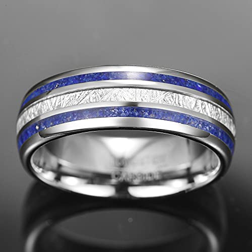 Imitated Meteorite Rings for Men 8mm Tungsten Wedding Band Ring with Blue Lapis Lazuli/Carbon Fiber Inlay Dome Style Comfort Fit Size 7-134