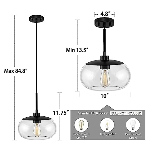 Kawoti Matte Black Finish Pendant Light With Clear Glass For Kitchen Island Adjustable Height (10 Inches Wide) #TOP5