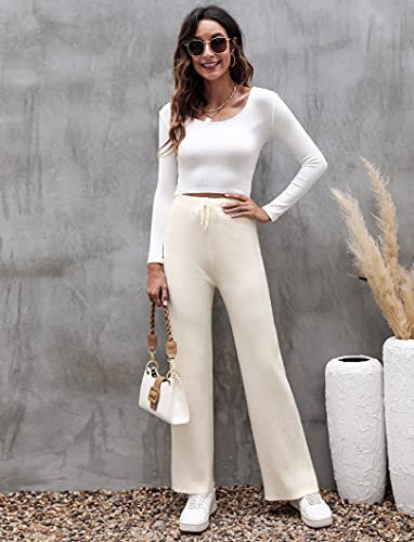 Cowasto Women's Casual Ribbed Knit Pants Elastic Waist Tie Front Wide Leg Sweater Pants2