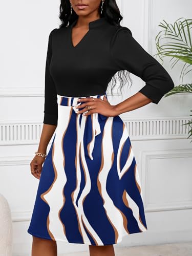 Image of PerZeal Women's Casual Flowy A-Line Midi Dress Flared V-Neck Colorblock Print for Wedding Guest 3 /4 Sleeve Dress with Belt