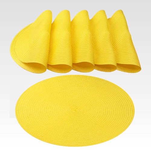 AGYO Set 6 Tovagliette Rotonde Intrecciate Ø 38 cm – Sottopiatti in PP Giallo Sole, Antiscivolo, Lavabili e Arrotolabili – Decorazione Moderna per Tavola, Cucina e Outdoor
