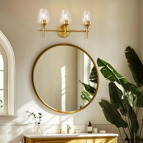 Image of 22 Inch 3-Light Gold Bathroom Vanity Light Fixtures | Wine Glass Clear Glass Wall Sconce, Modern Wall Mount Light for Bathroom, Hallway, Bedroom