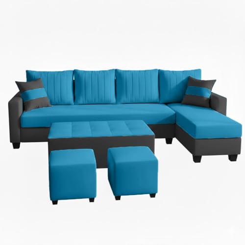 Image of FURNY Avenue 8 Seater Fabric RHS L Shape Sofa Set with 1 Centre Table & 2 Puffy (Aqua Blue-Dark Grey) Premium Velvet Finish