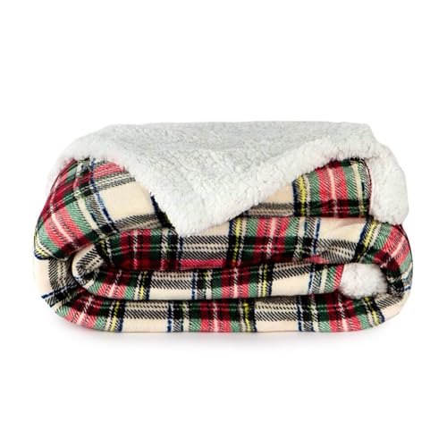 Caritex Coperta Plaid Tartan in Pile Coral e Sherpa - Dimensioni Varie W462 Matrimoniale 210x240 cm Panna