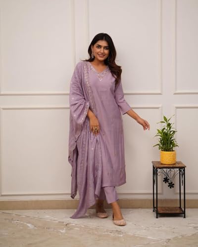 Shiv Textiles Embroidery Onion Kurta Trousers With Dupatta Striped Viscose Silk Blend Three-Quarter Sleeves Kurta Sets For Womens(Jd-Zarana-Onion-S)