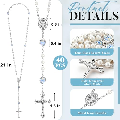 ROCEEI Catholic Glass Pearl Beads Rosary Necklace 6 mm Beaded Cross Necklace with Crucifix and Rosary for Women2