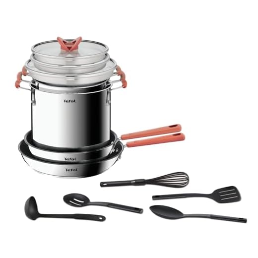 Tefal Batterie de cuisine 13 pièces Poêles + Faitouts + Casserole pâtes + Couvercles + 5 ustensiles, Induction, Acier inoxydable 18/10 haute qualité, Garantie 10 ans, Opti'Space G721SD74