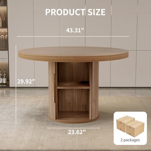 Image of HIPIHOM 43.3 inch Round Kitchen Table for 4-6 Modern Farmhouse with Storage Shelf, Waterproof Top for Small Space Dining, Office, Living Room (Walnut Color Table)