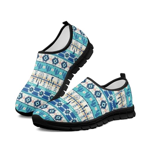 Howilath Blue Western Aztec Print Hands Free Shoes for Women Dream Catcher Slip on Trekking Shoes Casual Sneakers Breathable Shoes for Travel Camping Hiking
