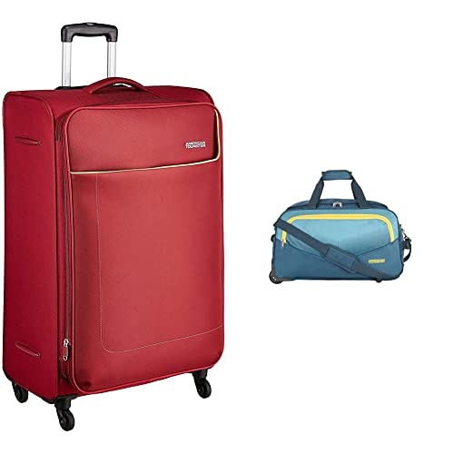 Image of American Tourister Polyester 32 Ltrs Black Casual Backpack (Amt Fizz SCH Bag 02 - Black) Ohio Polyester 55 Cms Blue Travel Duffle & Soft 4 Spinner Wheels Trolley Bag (Fj9 (0) 01 001), Small