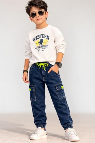 Image of Bold N Elegant Comfy Kid's Trendy Cool Print Washed 6 Pocket Denim Elasticated Jeans Joggers Pant for Baby Boys Girls