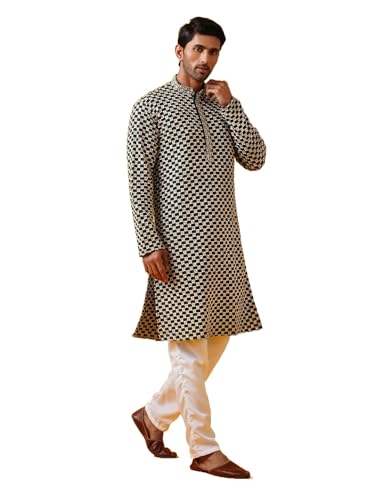 Sojanya (Since 1958 Men'S Cotton Rayon Sequinned Embroidered Kurta With White Pyjama