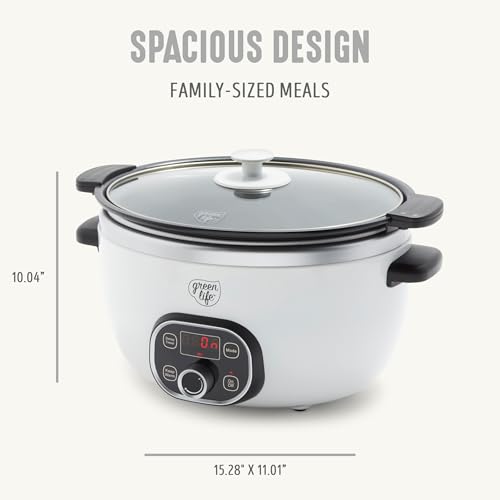 GreenLife 6QT Slow Cooker, Non-Toxic PFAS-Free Ceramic Nonstick Removable Interior Bowl, Programmable, Family Friendly, Keep Warm, Stovetop & Oven Safe, Dishwasher Safe Crock, Timer, Glass Lid, White