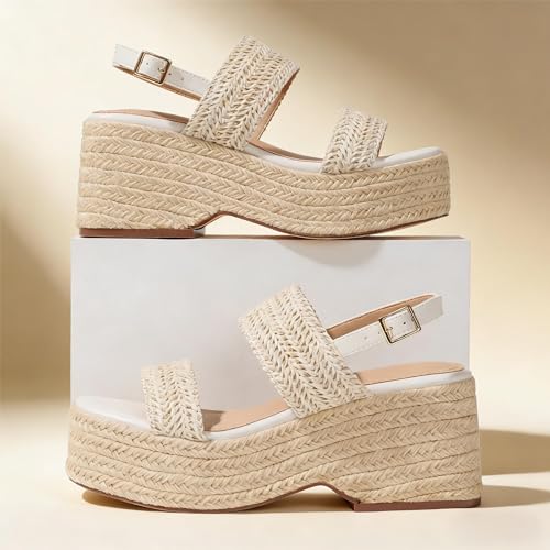 Image of EQAUDES Platform Sandals Women Open Toe Ankle Strap Summer Wedge Espadrille Sandals Cute Beach Straw Raffia Woven Sandals Comfortable Vacation Dress Shoes