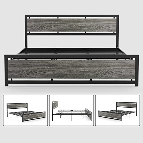 Ikifly California King Size Metal Bed Frame, Cal King Platform Bed Frame With Wood Headboard & Footboard, Strong Steel Slats, Farmhouse Industrial Style, No Box Spring Needed - Grey #TOP7