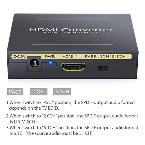 Image of HDMI Audio Extractor, 4K HDMI and Audio (RCA Stereo or Spdif) Converter for Apple TV, Fire TV and Blu-Ray Players (With Optical Cable)