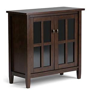 SIMPLIHOME Warm Shaker SOLID WOOD 32 inch Wide Rustic Low Storage Cabinet in Tobacco Brown with 2 Adjustable Shelves Tempered Glass Door